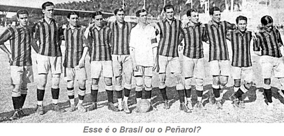 Seleção brasileira utilizando o uniforme do Peñarol em 1919 — Foto: Reprodução
