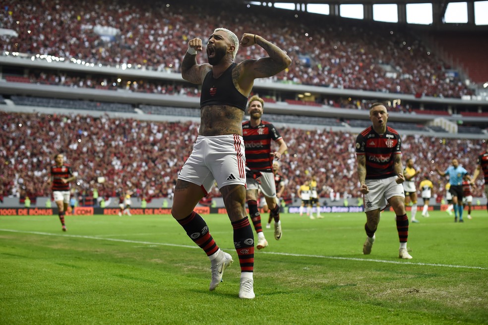 Gabigol comemora gol do Flamengo contra o Criciúma — Foto: Marcelo Cortes / CRF