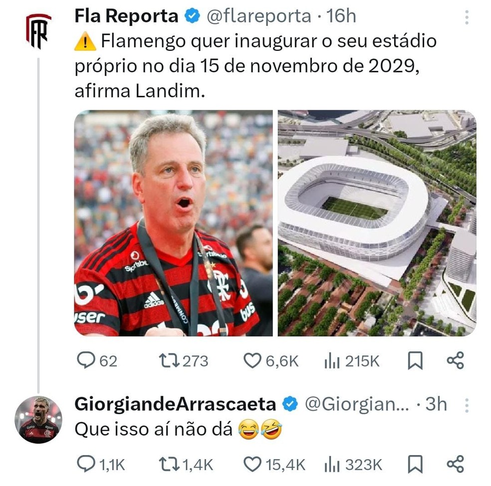 Arrascaeta comenta sobre estádio do Flamengo em rede social — Foto: Reprodução / X