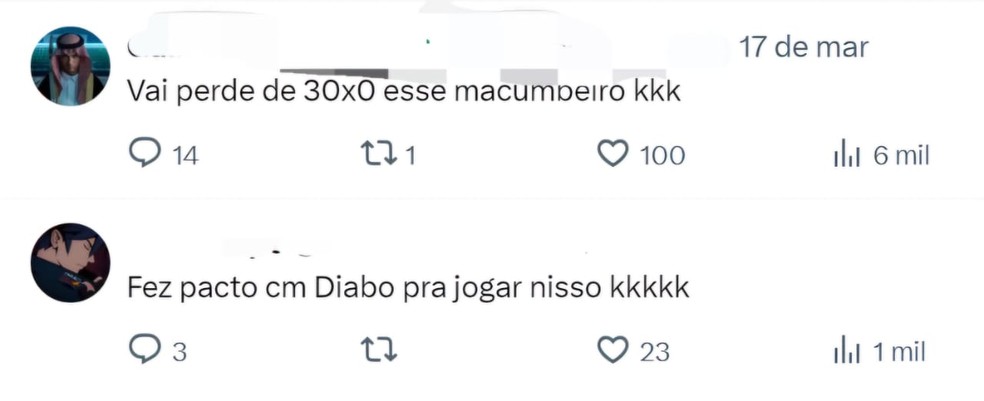 Comentários com teor de intolerância religiosa contra Bill, do Nova Iguaçu — Foto: Reprodução: X