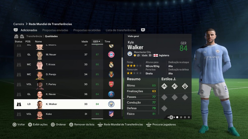 Walker no modo carreira do FC 24 — Foto: Reprodução/EA Sports