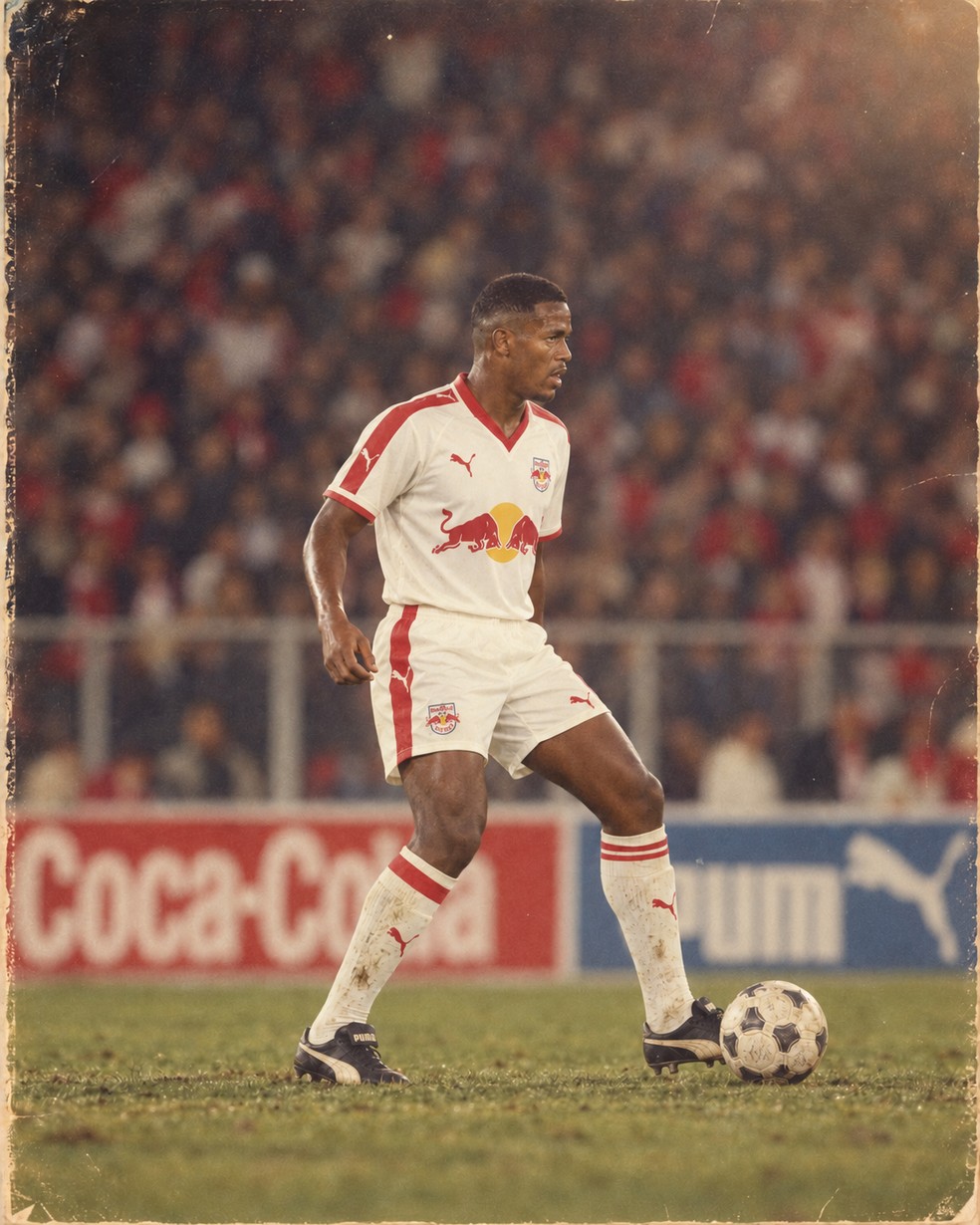 Gustavo Marques na trend dos anos 80 — Foto: Ari Ferreira/Red Bull Bragantino - Adaptação ChatGPT