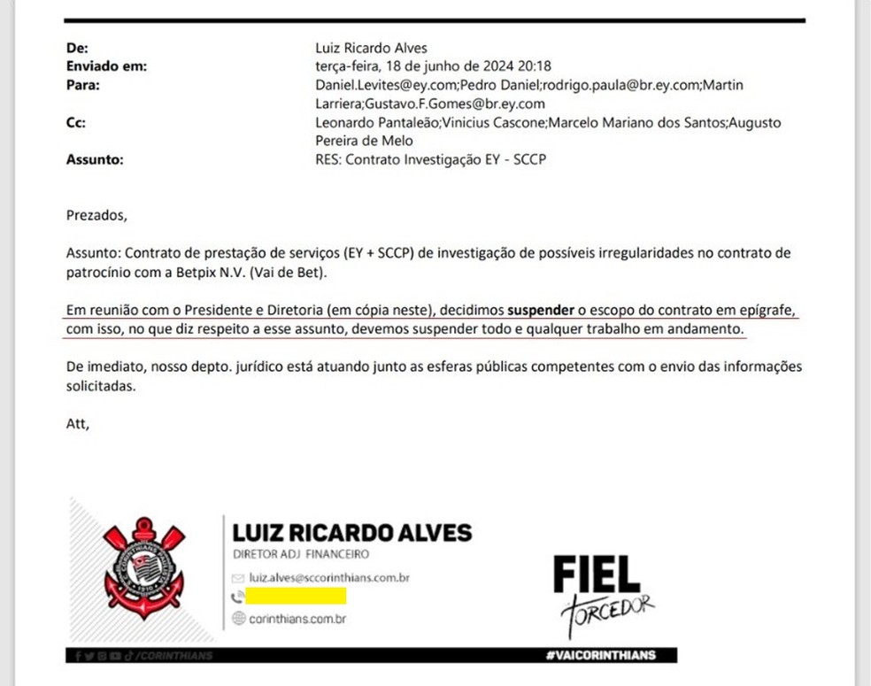 E-mail em que Corinthians cancela investigação da EY sobre contrato de patrocínio — Foto: Reprodução