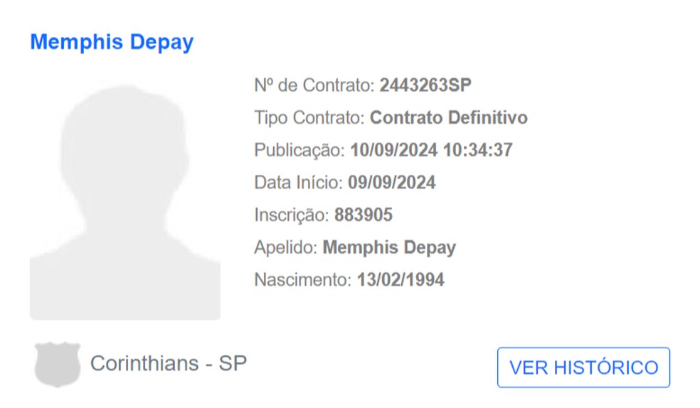 Contrato de Memphis Depay foi registrado pelo Corinthians no BID — Foto: Reprodução/CBF