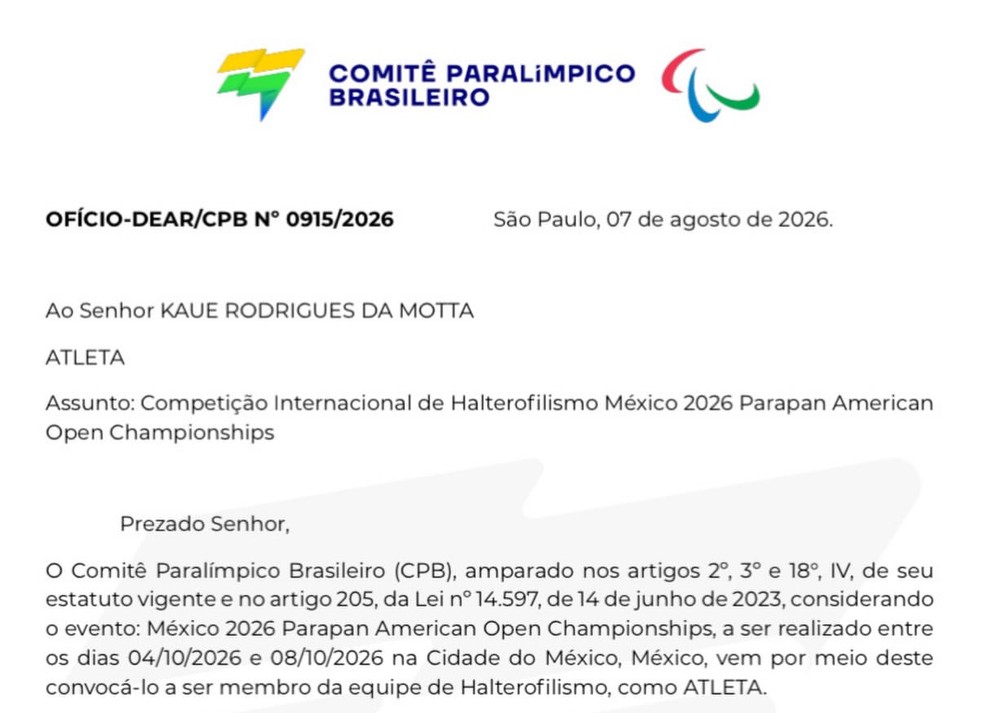 Confira a carta de convocação do halterofilista Kauê Motta — Foto: Arquivo Pessoal