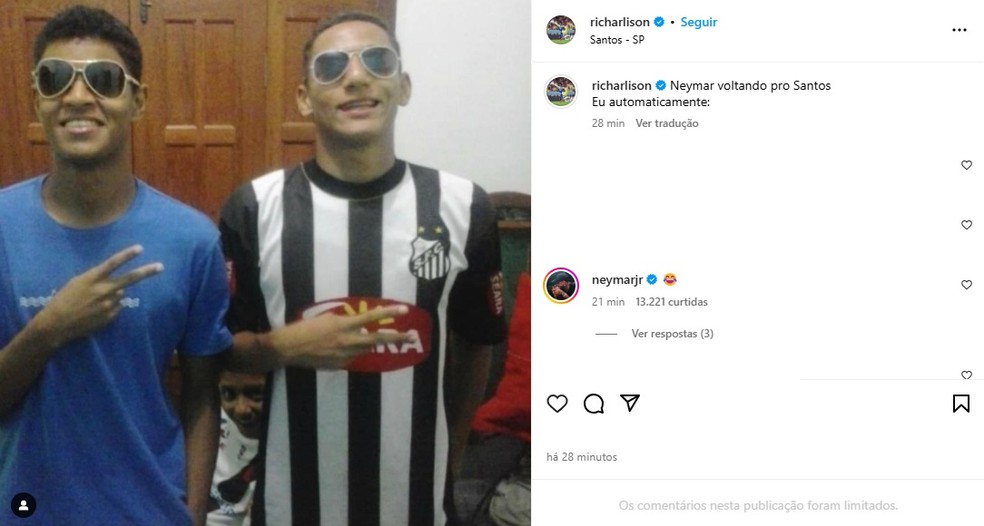 Richarlison publica foto com a camisa do Santos, e Neymar reage — Foto: Reprodução