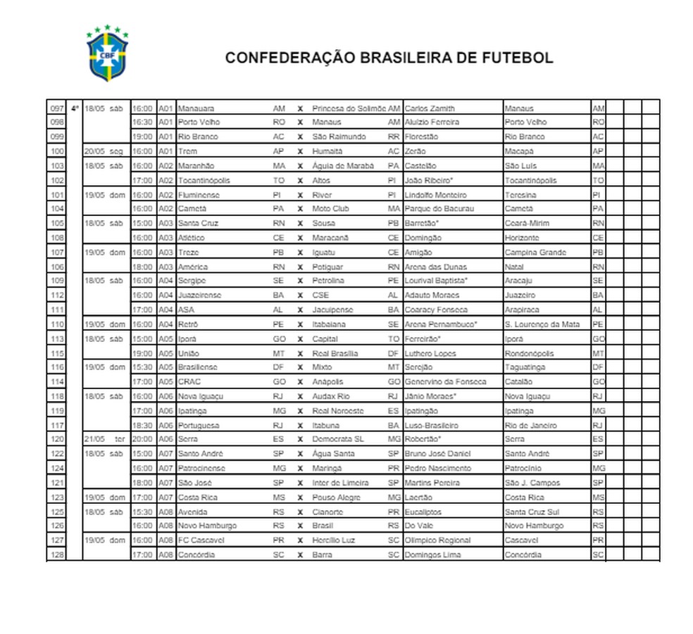 Série D Brasileiro 2024: CBF divulga tabela detalhada das sete primeiras rodadas — Foto: Reprodução