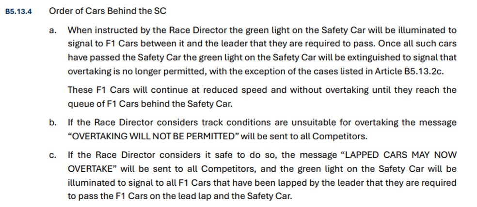 Regulamento da F1 2026 explica sobre retardatários sob o safety car