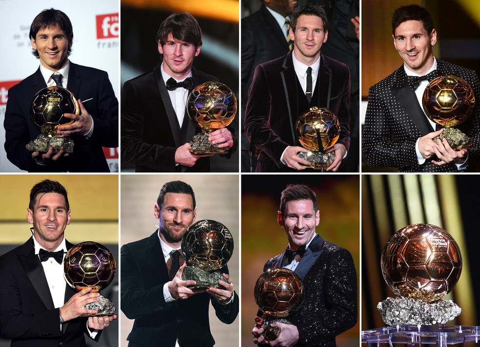 As sete conquistas anteriores de Lionel Messi na Bola de Ouro — Foto: FRANCK FIFE, FABRICE COFFRINI, OLIVIER MORIN, FRED DUFOUR / AFP