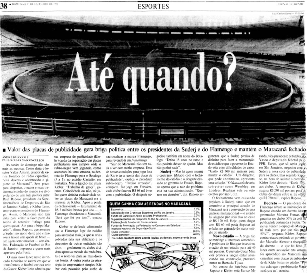 Matéria do Jornal do Brasil sobre o Maracanã fechado em 1995 — Foto: Reprodução / Jornal do Brasil