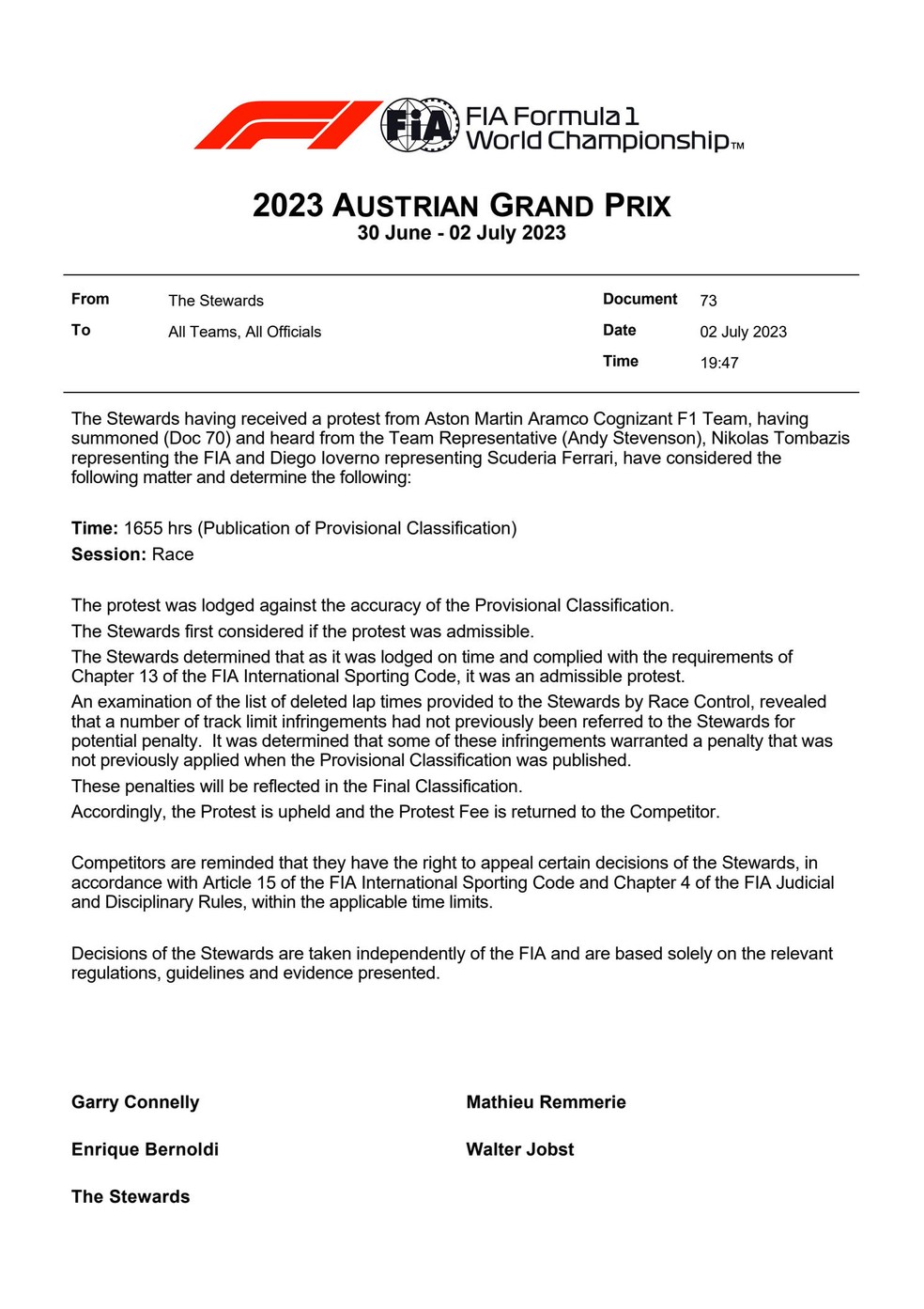 Decisão da FIA sobre o protesto da Aston Martin — Foto: Divulgação