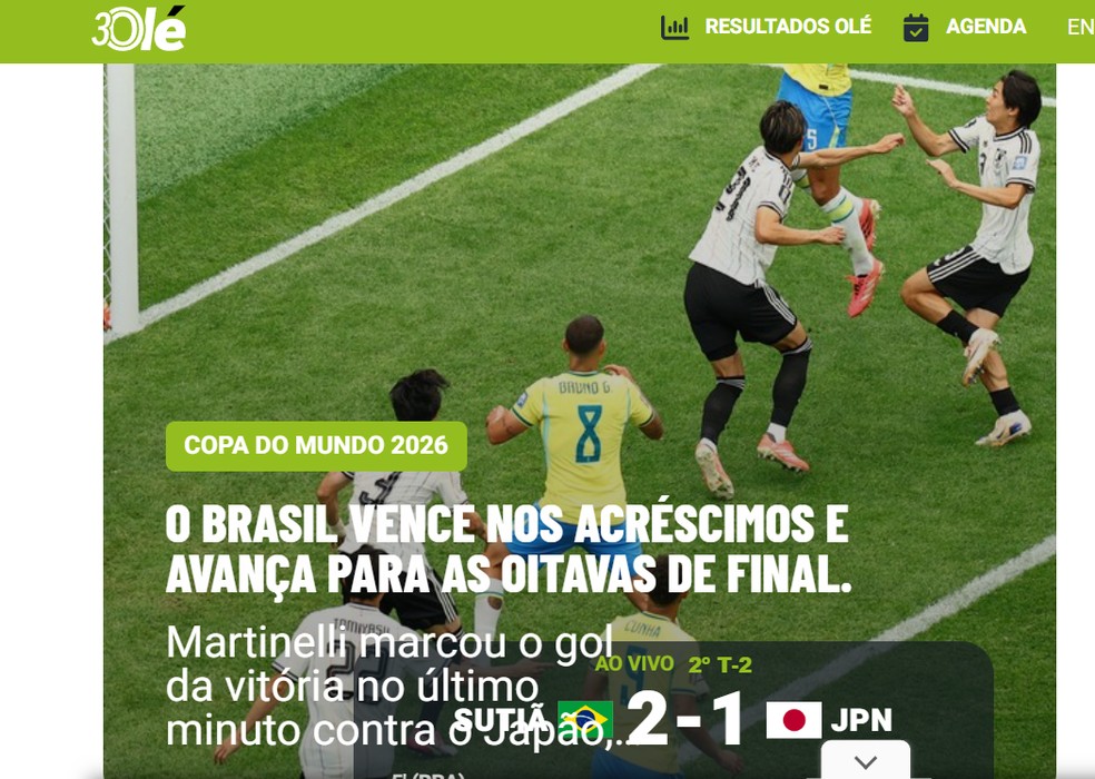 Olé repercute vitória e classificação do Brasil na Copa — Foto: Reprodução