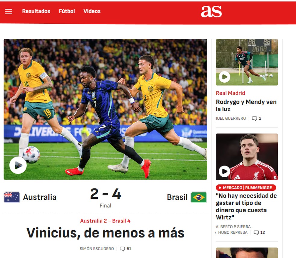 Jornal AS destaca recuperação de Vinicius Jr. na partida: "De menos a mais" — Foto: Reprodução