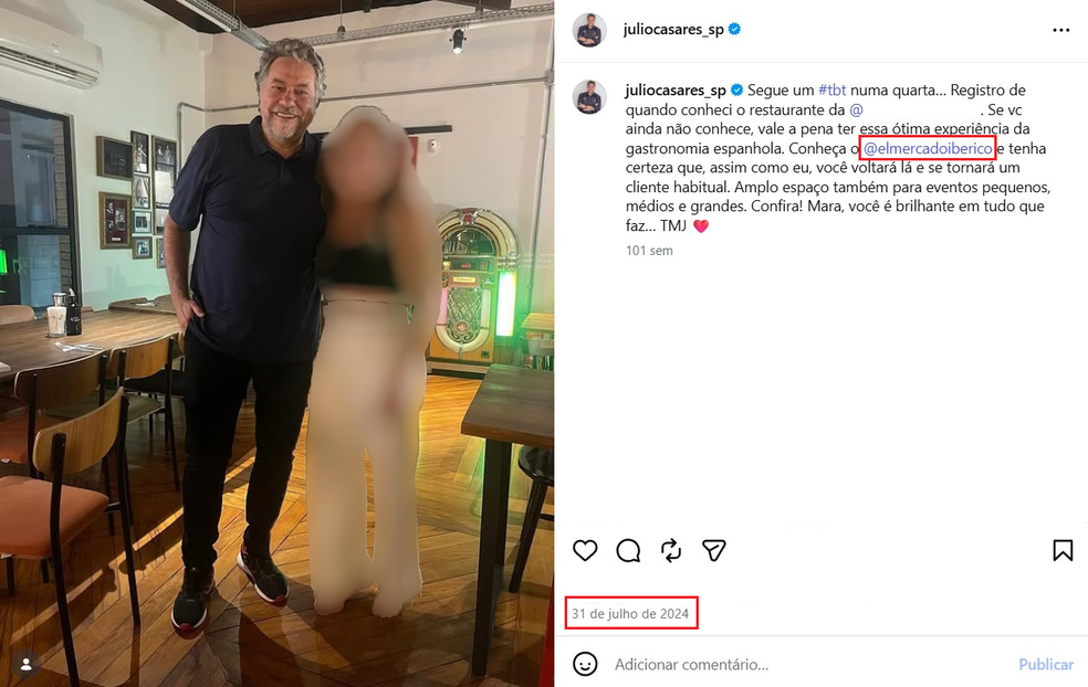 Julio Casares ao lado da namorada — Foto: Reprodução / Instagram