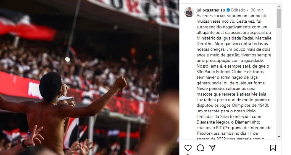 Julio Casares, presidente do São Paulo, faz post sobre atitude de assessora de ministra — Foto: Reprodução/Instagram