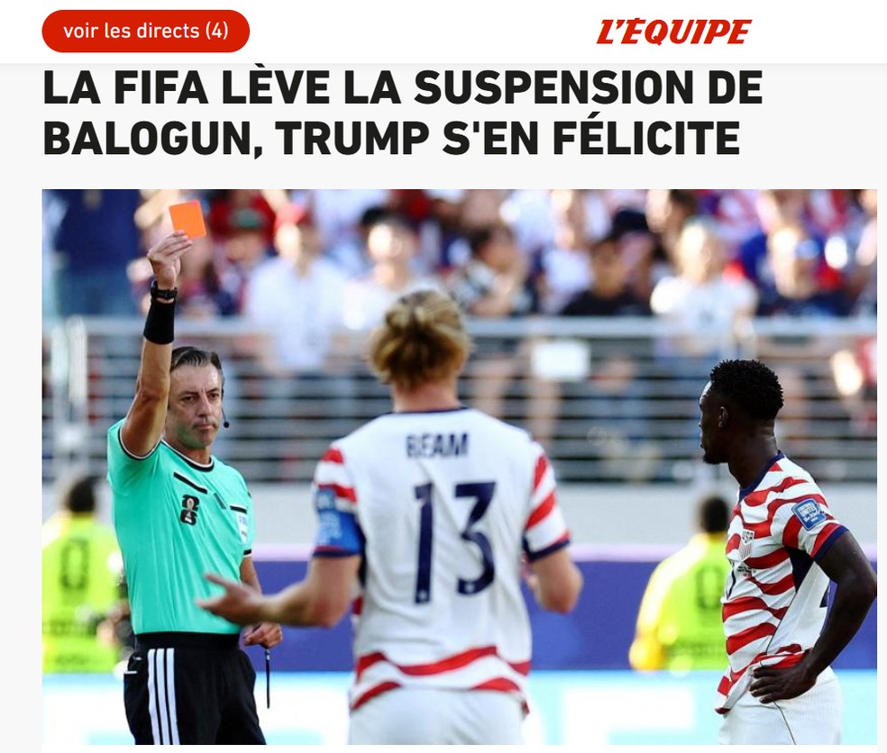 L'Équipe: "Expulso nas oitavas de final, Folarin Balogun vê sua suspensão ser levantada pela FIFA e poderá jogar contra a Bélgica" — Foto: Reprodução