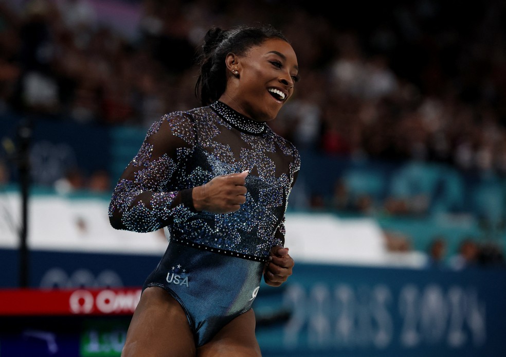 Simone Biles nas qualificatórias da ginástica artística, Olimpíadas de Paris — Foto: REUTERS/Amanda Perobelli