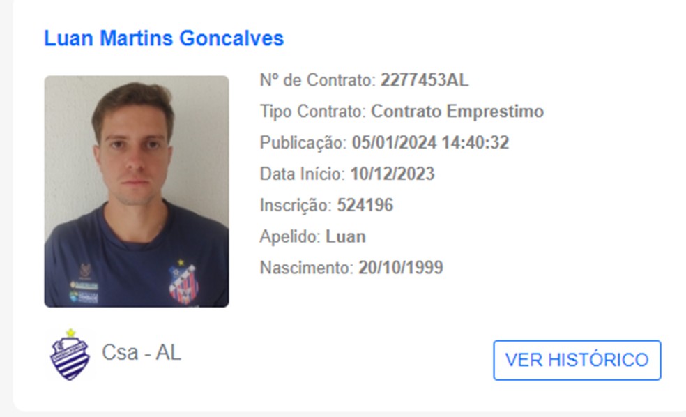 Luan Martins é regularizado pelo CSA — Foto: Reprodução CBF