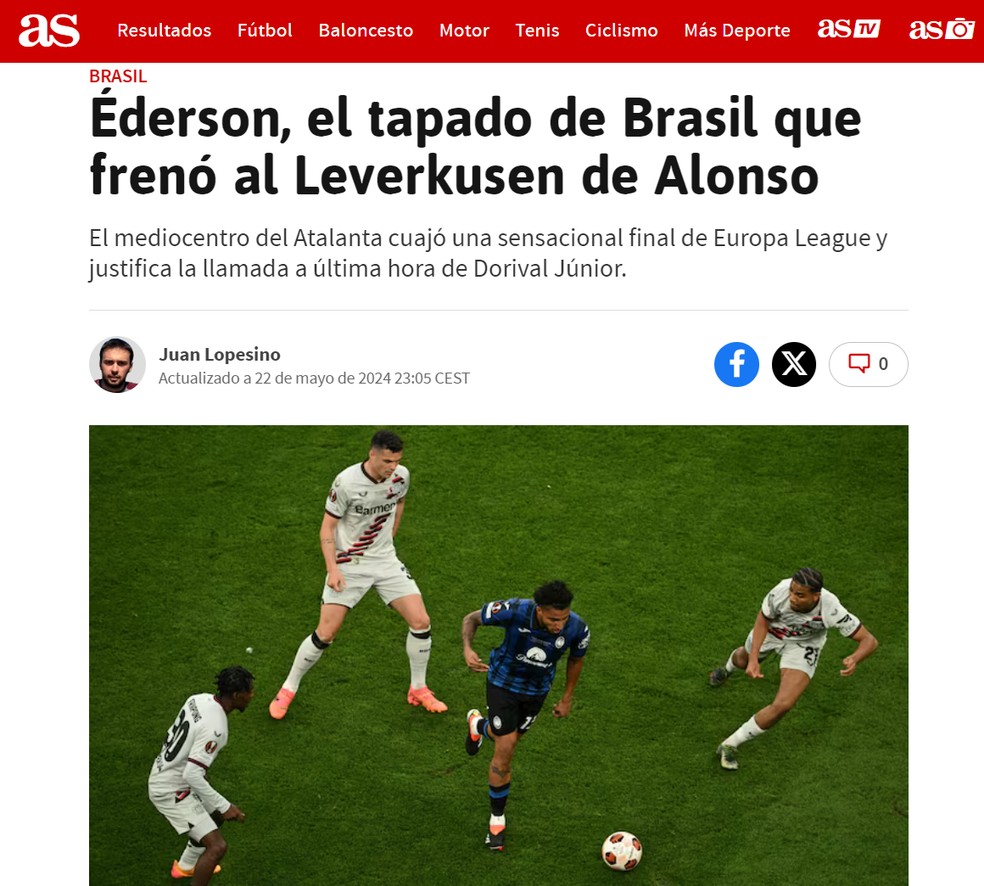 Jornal As elogia Éderson: "O segredo do Brasil que freou o Leverkusen de Alonso" — Foto: Reprodução/As