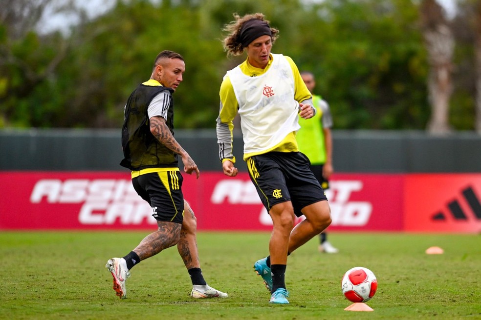 David Luiz e Cebolinha em treino do Flamengo nos Estados Unidos — Foto: Marcelo Cortes / CRF