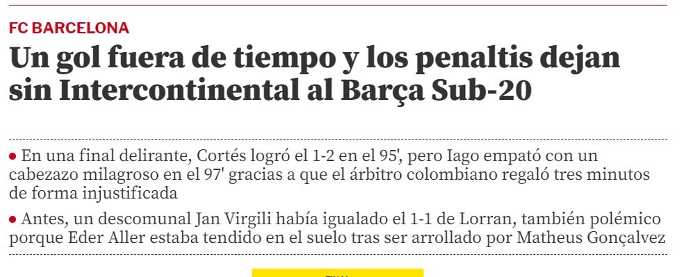 Imprensa espanhola repercute derrota do Barcelona nos pênaltis para o Flamengo no Intercontinental Sub-20 — Foto: Reprodução