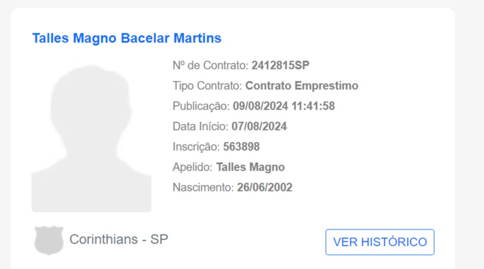 Talles Magno é registrado pelo Corinthians na CBF — Foto: Reprodução/CBF
