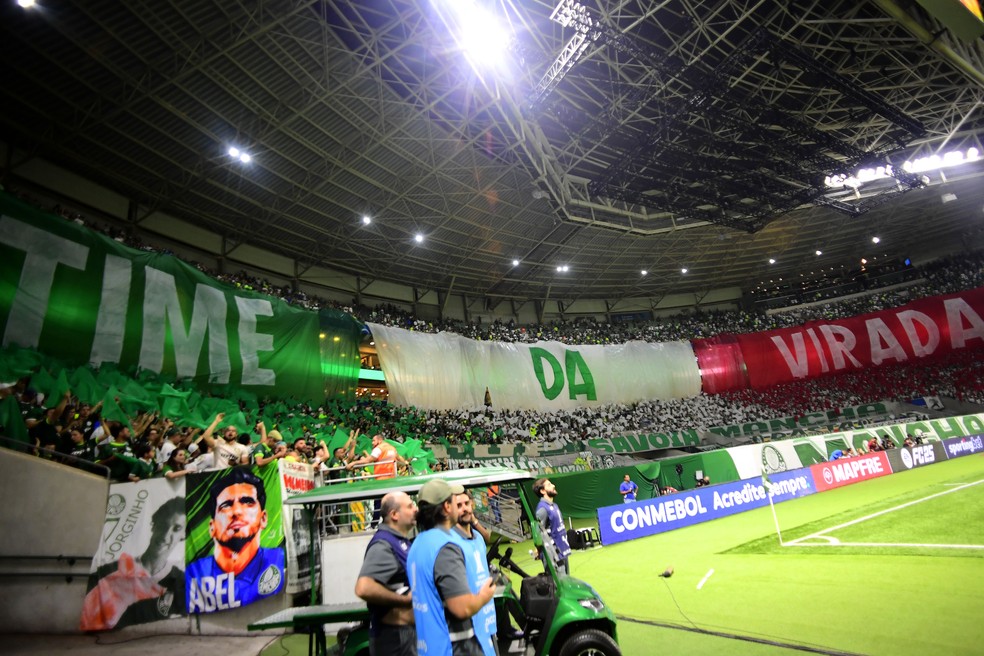 "Time da Virada": mosaico da torcida do Palmeiras no jogo contra o Botafogo — Foto: Marcos Ribolli