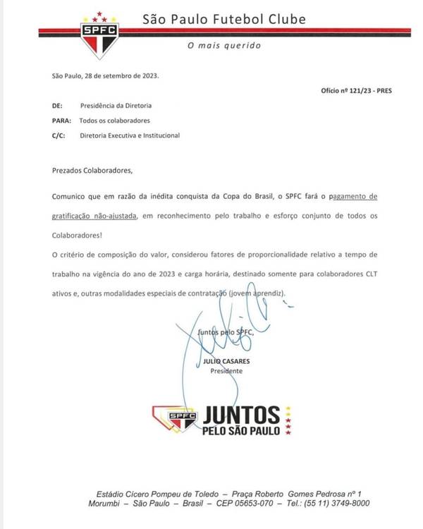 Presidente do São Paulo anuncia bônus a funcionários por título da Copa do Brasil