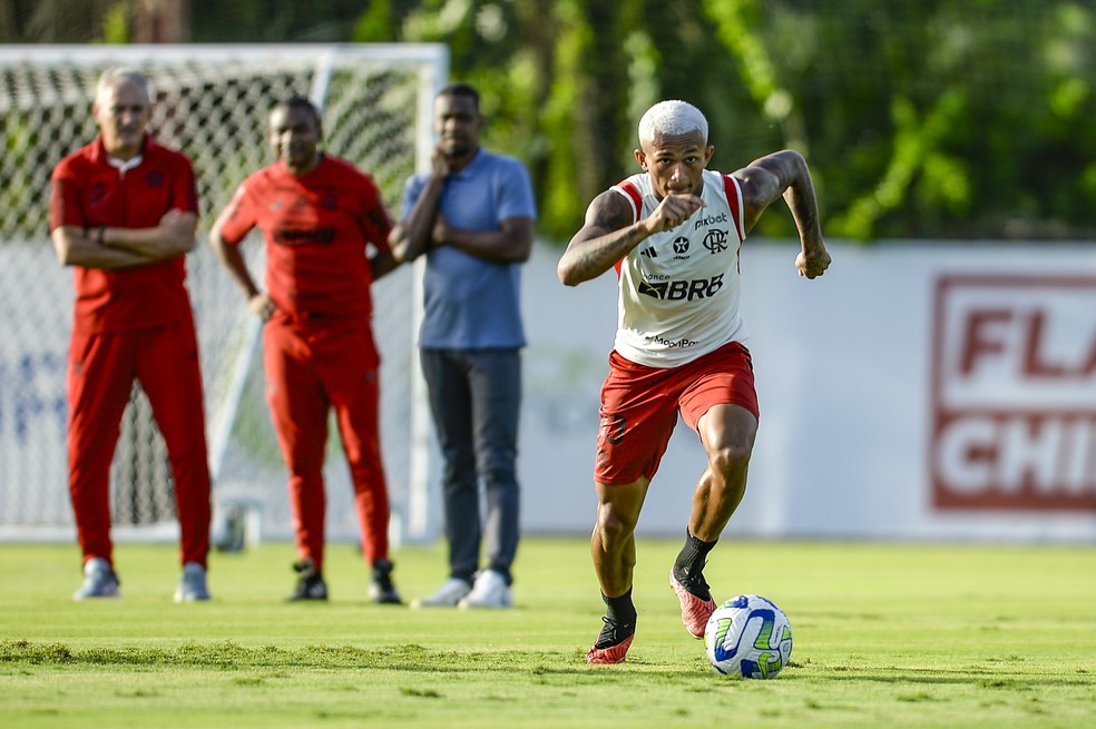 Tite observa Wesley em treino do Flamengo — Foto: Marcelo Cortes / CRF