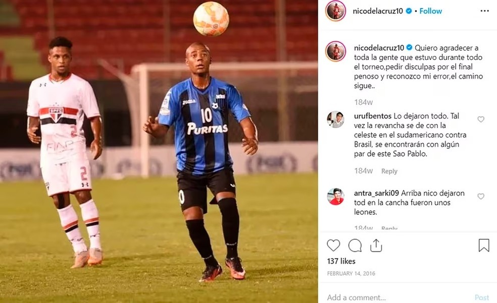 Post de De La Cruz se desculpando por confusão em 2016 — Foto: Reprodução / Instagram