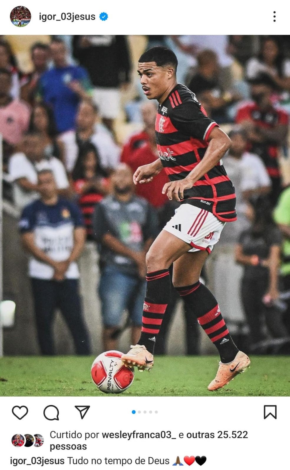 Postagem de Igor Jesus, do Flamengo, no Instagram