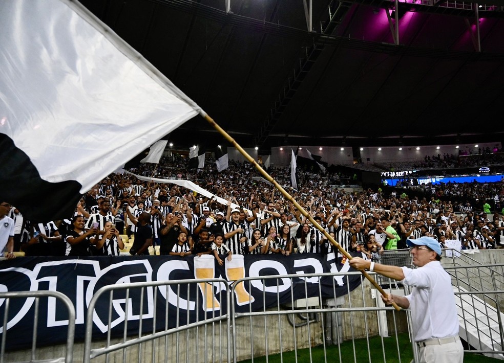 John Textor se aventura com bandeiro em frente  torcida do Botafogo  Foto: Andr Duro