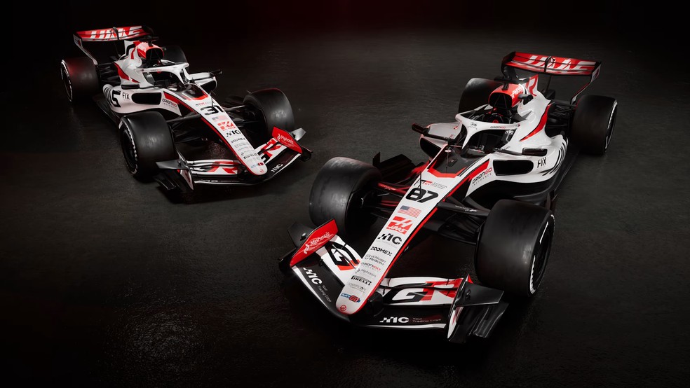 Nova pintura dos carros da Haas para a temporada de 2026 da F1 — Foto: Divulgação/Haas/F1