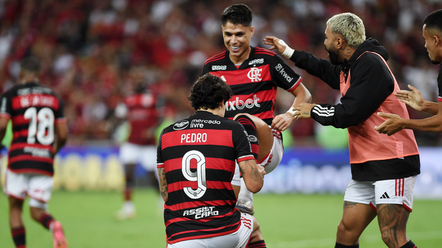 Pedro "engraxa" a chuteira de Luiz Araújo após gol na partida Flamengo e Palmeiras