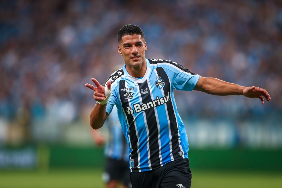 Suárez comemora gol pelo Grêmio — Foto: Lucas Uebel/Divulgação Grêmio