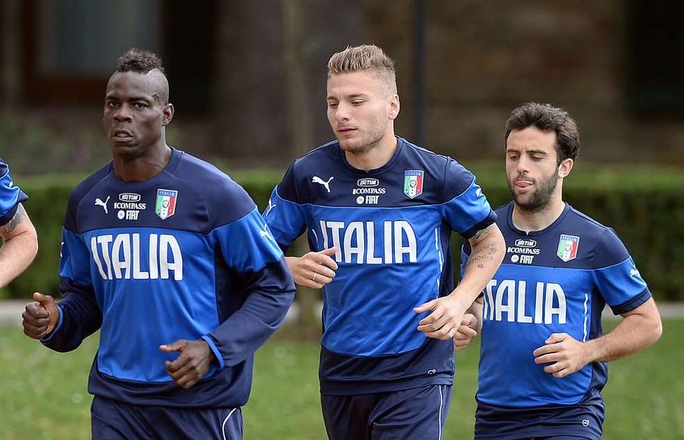 Balotelli, Immobile e Giuseppe Rossi em treino da Itália em 2014.
