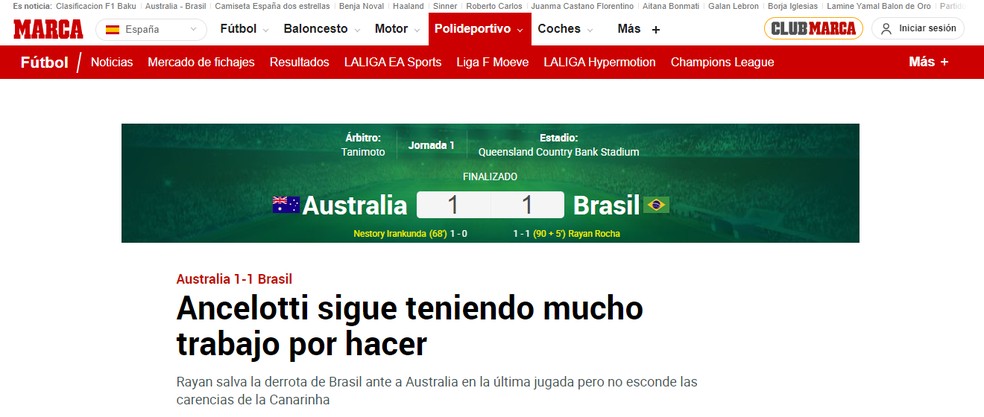 Jornal espanhol critica Carlo Ancelotti: “Ainda tem muito trabalho pela frente” — Foto: Reprodução/Marca