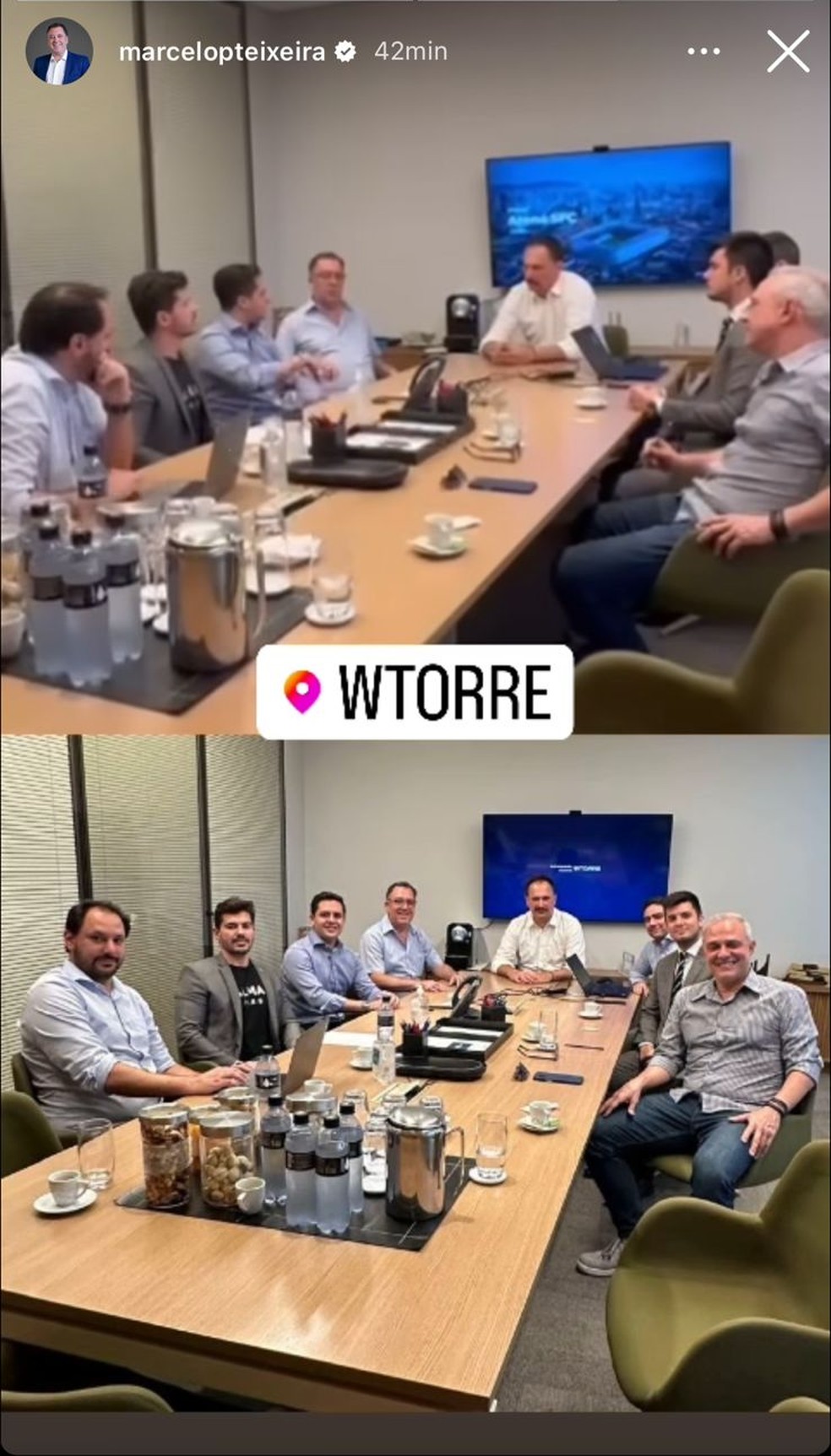 Marcelo Teixeira, presidente do Santos, faz reunião com a WTorre por novo estádio — Foto: Reprodução
