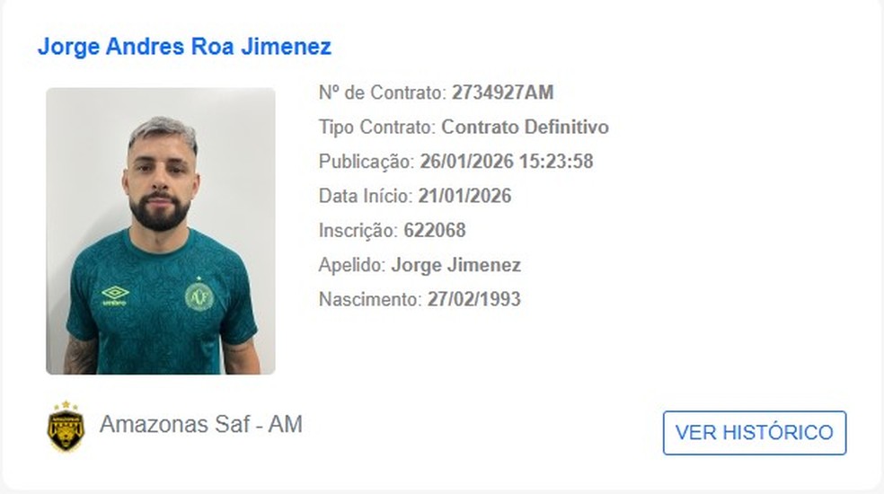 Jimenez regularizado pelo Amazonas. — Foto: Divulgação