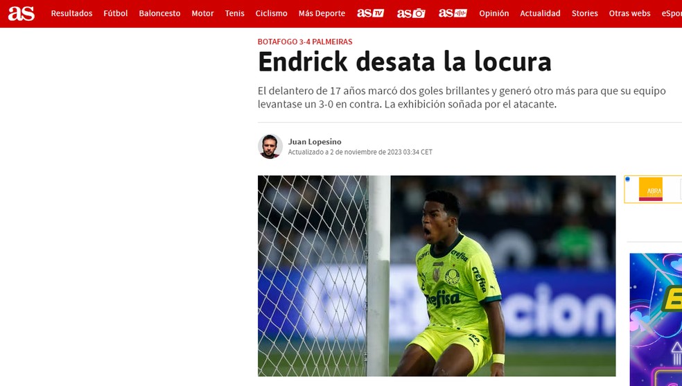 Jornal "As", sobre atuação de Endrick em Botafogo x Palmeiras pelo Brasileirão — Foto: Reprodução