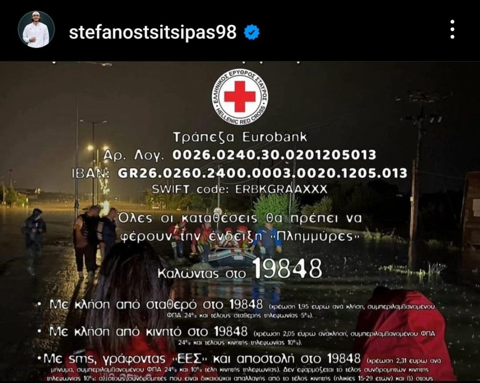 Tsitsipas pede doações para Cruz Vermelha em seu Instagram — Foto: Reprodução/Instagram