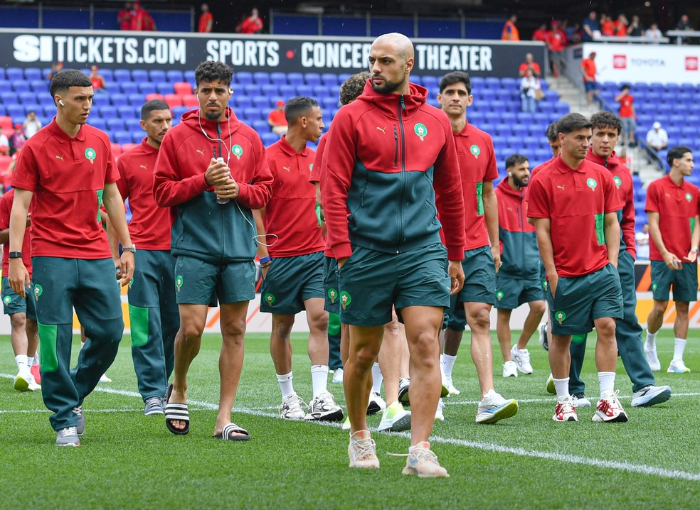 Jogadores do Marrocos antes de amistoso contra a Noruega nos EUA — Foto: Divulgação/FRMF