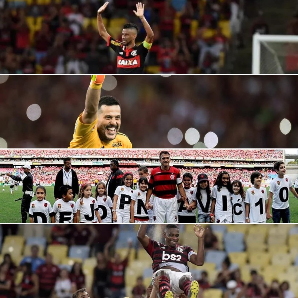 Despedidas de Léo Moura, Julio Cesar, Petkovic e Juan no Flamengo — Foto: André Durão (ge) e Flávio Florido (BP Filmes)