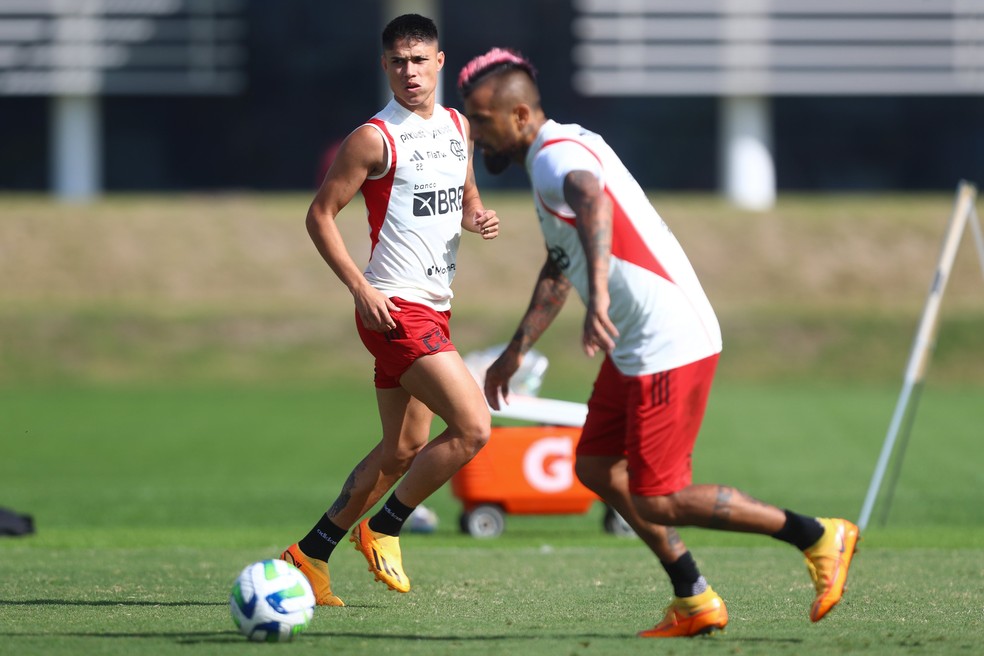 Luiz Araújo e Vidal em treino do Flamengo — Foto: Gilvan de Souza/Flamengo