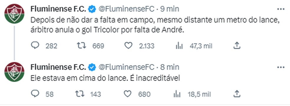 Fluminense reclama de gol anulado em clássico contra o Flamengo — Foto: Reprodução