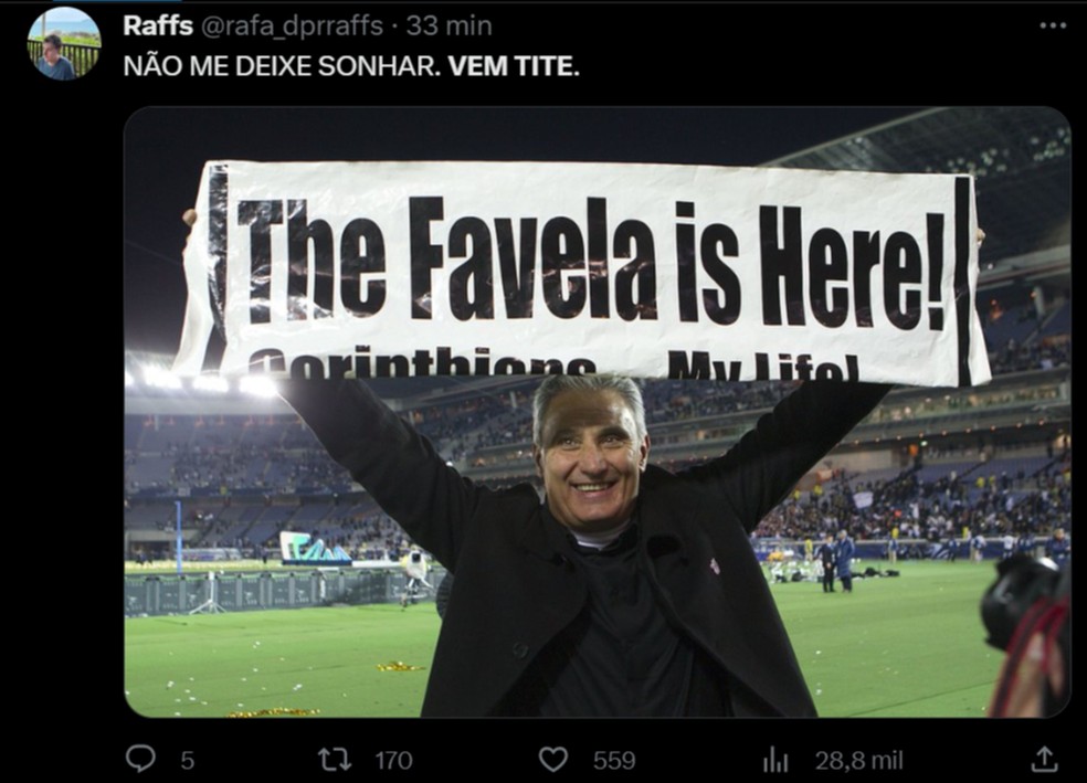 Torcida do Corinthians pede retorno de Tite nas redes sociais — Foto: Reprodução/X