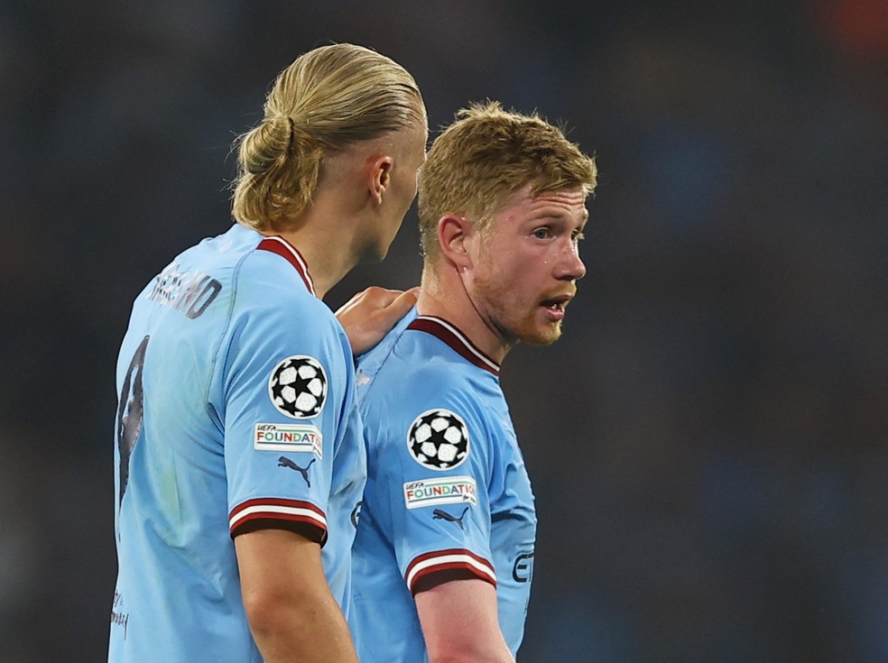 De Bruyne e Haaland na final da Liga dos Campeões 2022/23 — Foto: Reuters