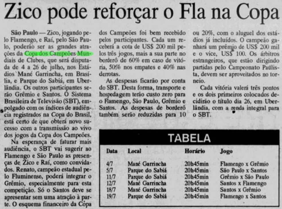 Jornal do Brasil revela que Zico foi convidado para a Copa dos Campeões Mundiais em 95