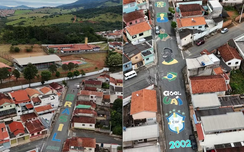 Visitantes observam rua pintada para a Copa do Mundo em Pouso Alegre, que virou atração na cidade