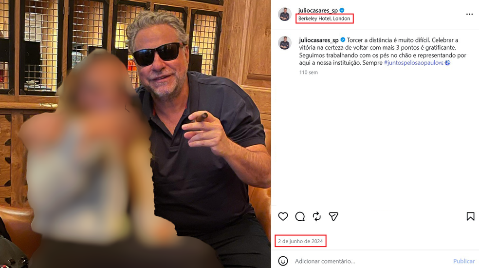 Ex-presidente do São Paulo fuma charuto com namorada em Londres — Foto: Reprodução / Instagram